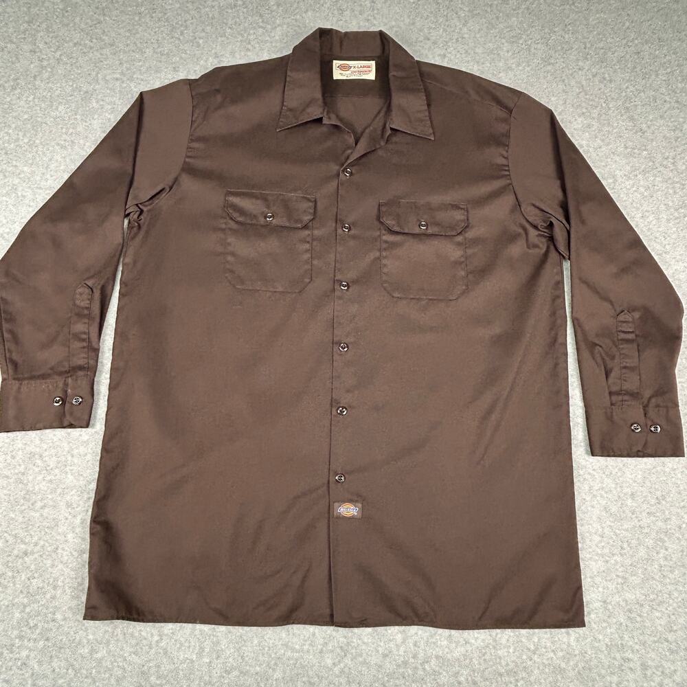 Dickies Workwear Button Up Shirt Mens XL Brown L/S No Stretch Poly Blend Vtg
